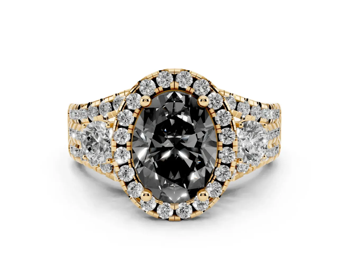 Oval Halo Split Shank Engagement Ring Setting for a Black Center | Round Side Stones | Yellow Gold