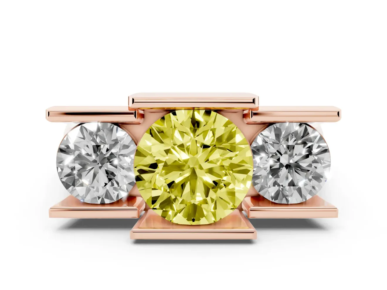 Fancy Yellow Round Cut Diamond Three-Stone Channel Set Ring Set in Rose gold with Smooth Polished Band