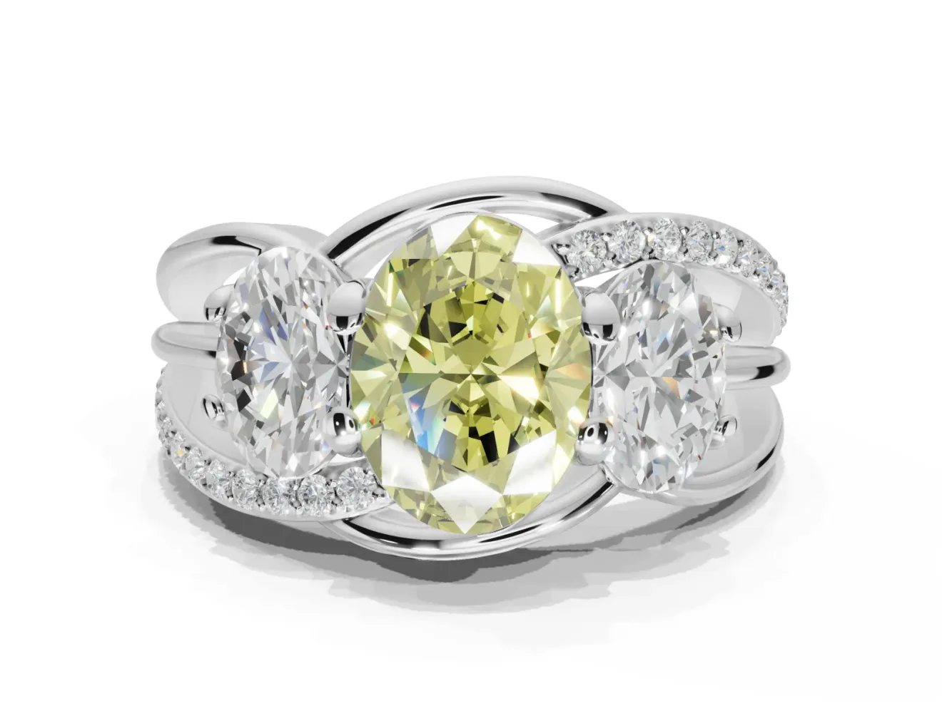 Oval Three Stone Split Shank Engagement Ring Setting for a Fancy Yellow Lab-Grown Diamond | Matching Sides | White Gold