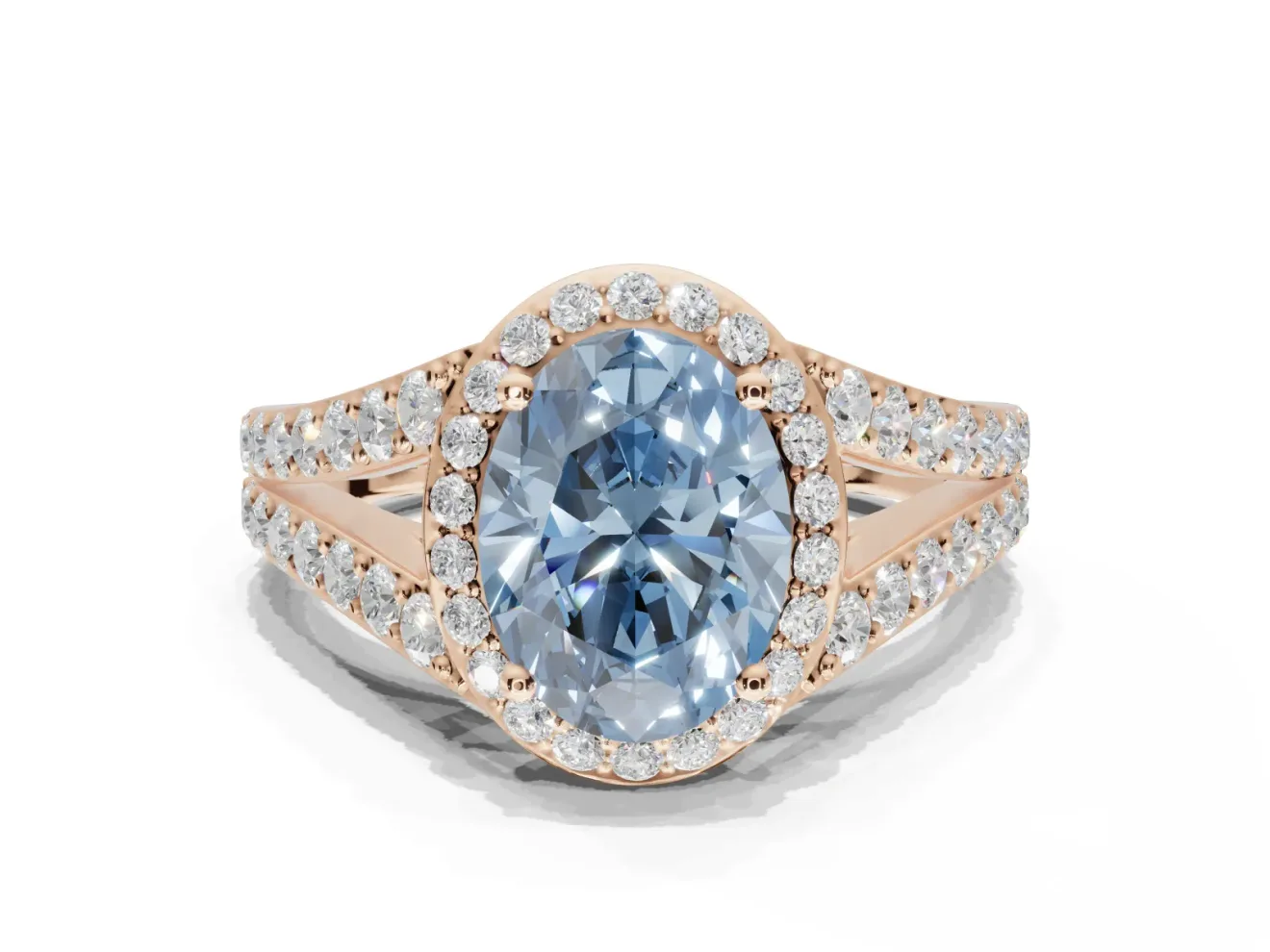 Oval Halo Pavé Engagement Ring Setting for a Fancy Blue Lab-Grown Diamond | Narrow Split Shank | Rose Gold