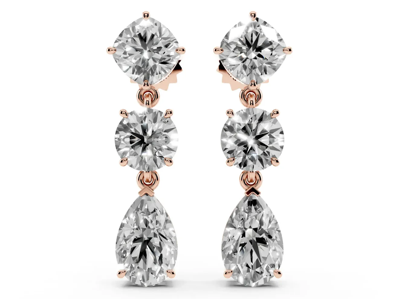 Multi-Shape Lab-Grown Diamond Three Stone Drop Earrings | Cushion Round and Pear | Rose Gold