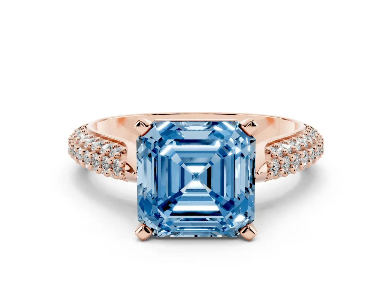 Fancy Blue Asscher Cut Diamond Solitaire Engagement Ring Set in Rose gold with Multi-Row Round Pavé Band and Prong Setting