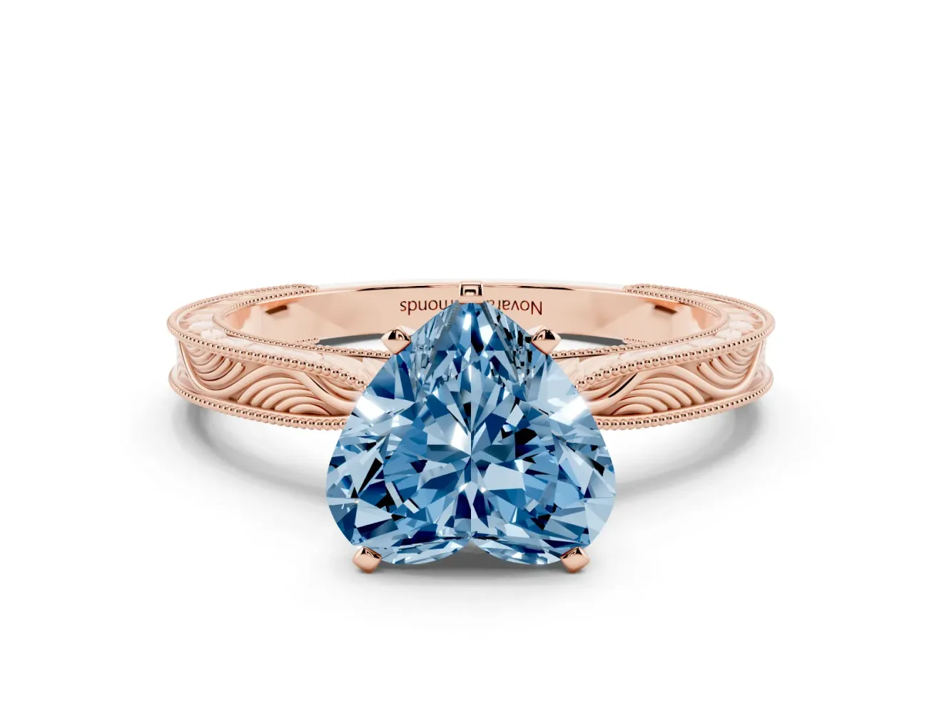 Fancy Blue Heart Cut Diamond Solitaire Milgrain Engraved Band Set in Rose gold with Prong Setting