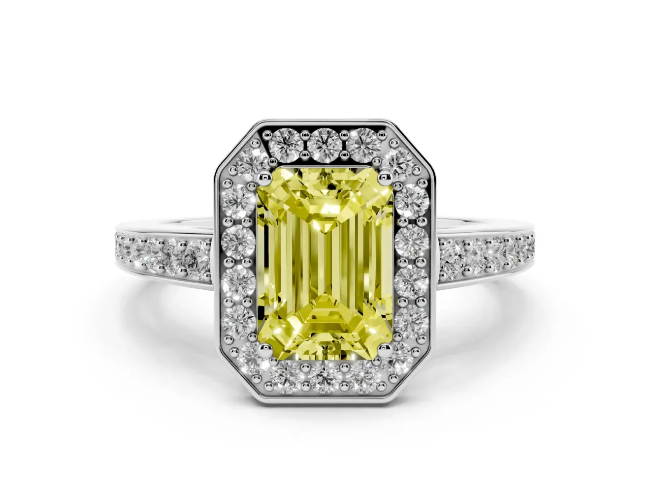 Fancy Yellow Emerald Cut Diamond Halo Pavé Engagement Ring Set in Platinum with Bezel Setting