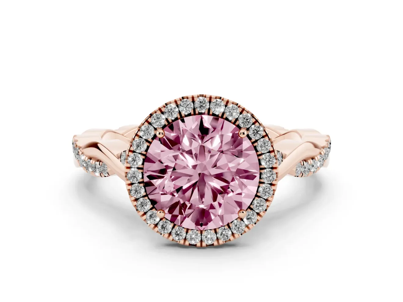 Round Halo Engagement Ring Setting for a Fancy Pink Lab-Grown Diamond | Pavé Twist Band | Rose Gold