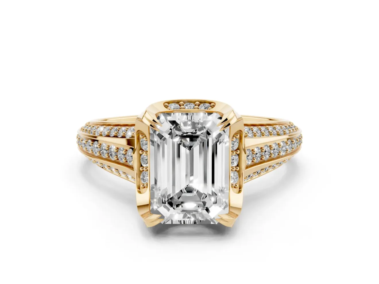 Emerald Cut Diamond Pavé Split Shank Solitaire Ring Set in Yellow gold with Prong Setting