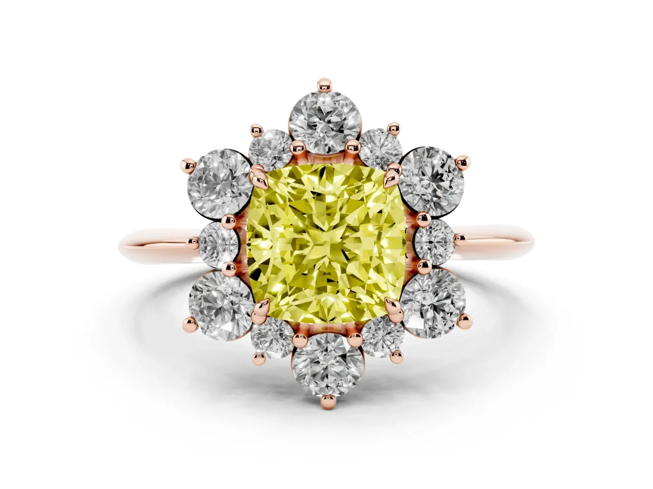 Cushion Cut Cluster Halo Engagement Ring Setting for a Fancy Yellow Lab-Grown Diamond | Rose Gold