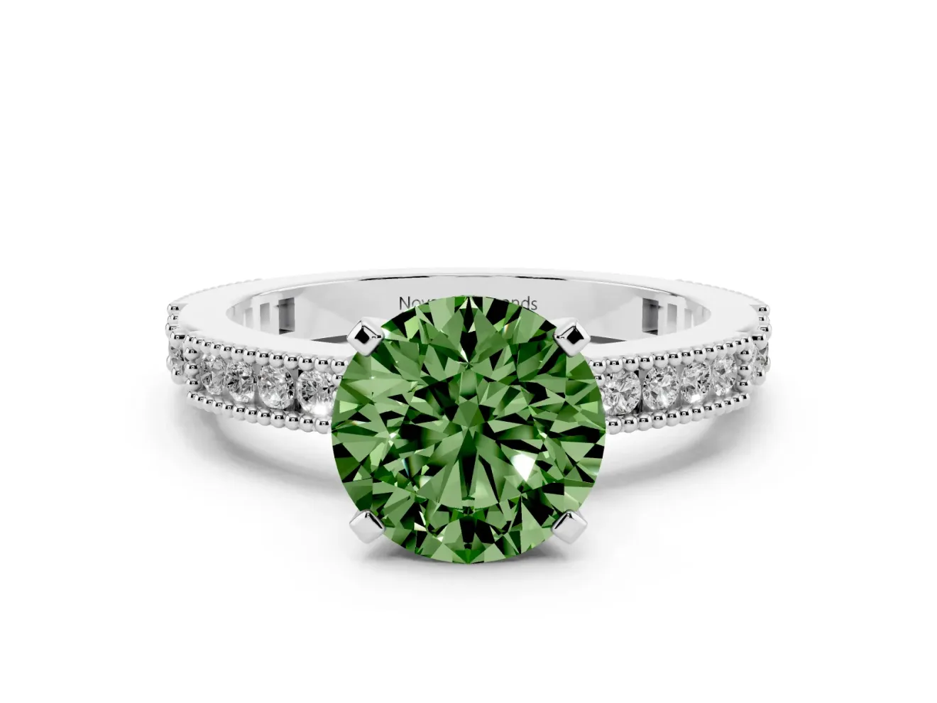 Fancy Green Round Cut Diamond Solitaire Ring Set in Silver with Slim Pavé Band and Prong Setting