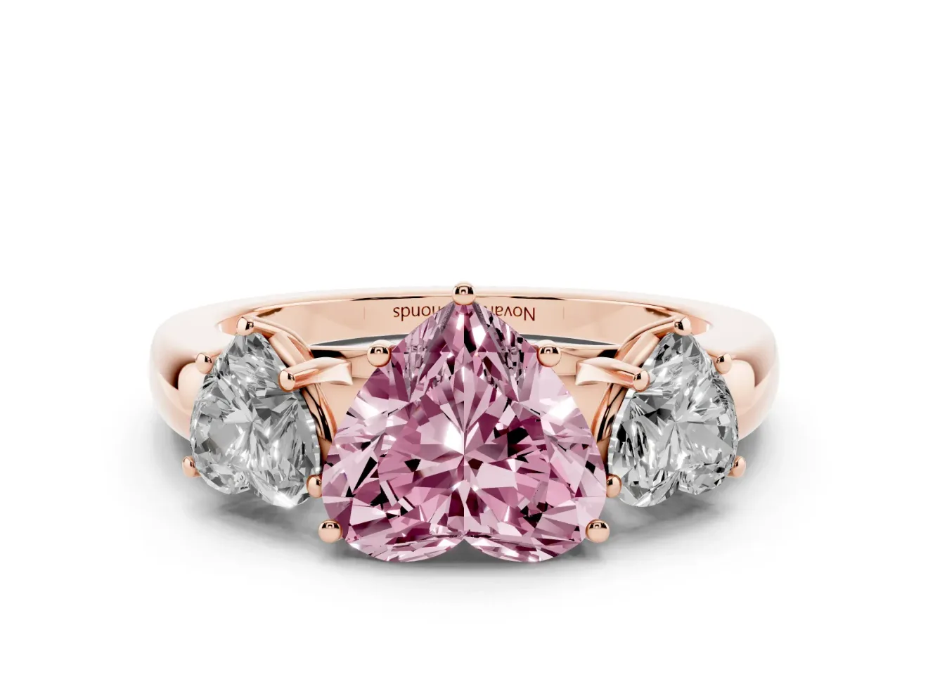 Heart-Shaped Three Stone Engagement Ring Setting for a Fancy Pink Lab-Grown Diamond | Matching Side Stones | Rose Gold