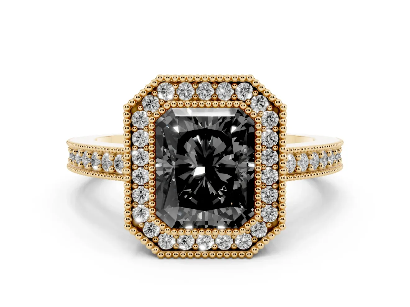 Radiant Cut Milgrain Halo Engagement Ring Setting for a Black Center | Pavé Band | Yellow Gold