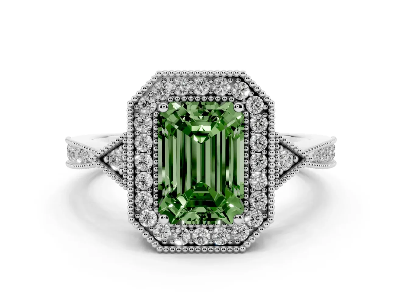 Fancy Green Emerald Cut Diamond Halo Engagement Ring Set in Silver with Milgrain Pavé Band
