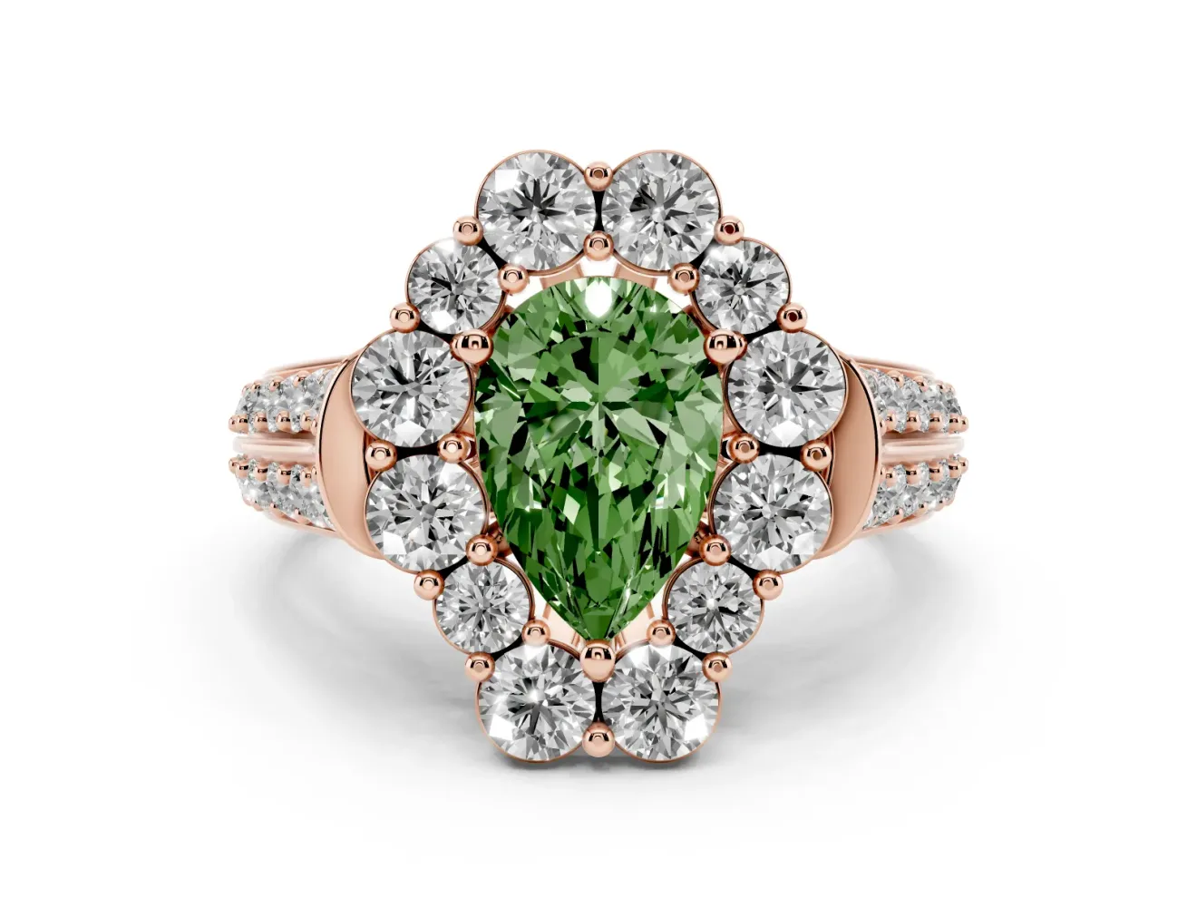 Fancy Green Pear Cut Diamond Halo Engagement Ring Set in Rose gold with Split Shank and Prong Setting