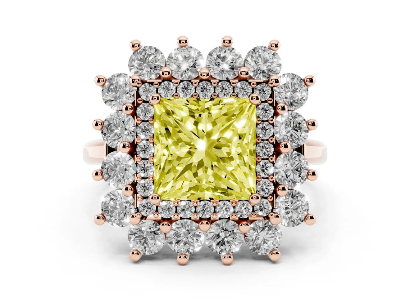 Princess Cut Floral Double Halo Engagement Ring Setting for a Fancy Yellow Lab-Grown Diamond | Plain Band | Rose Gold
