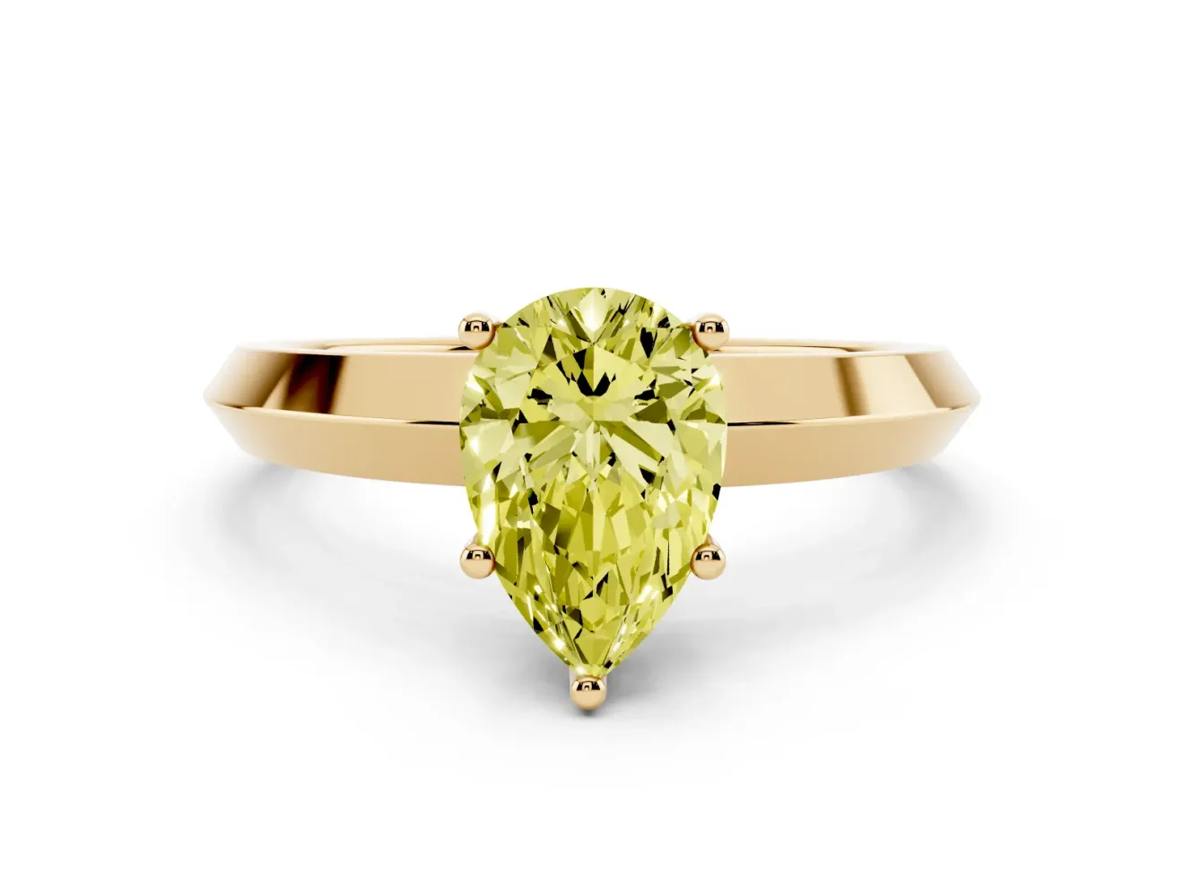 Fancy Yellow Pear Cut Diamond Solitaire Engagement Ring Set in Yellow gold with Flat Band and Prong Setting