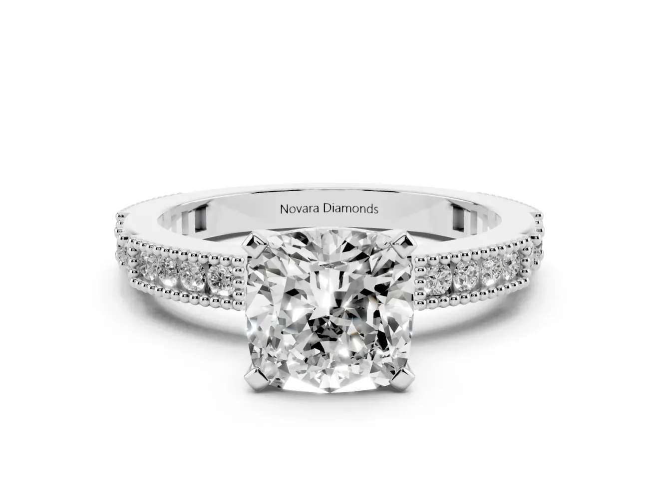 Cushion Cut Vintage Pavé Solitaire Engagement Ring Setting | Milgrain Edges | White Gold