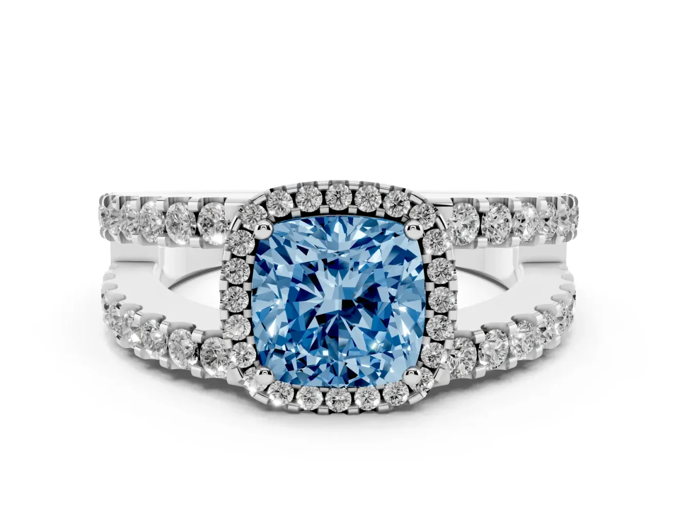 Fancy Blue Cushion Cut Diamond Halo Ring Set in Silver with Pavé Split Shank and Prong Setting