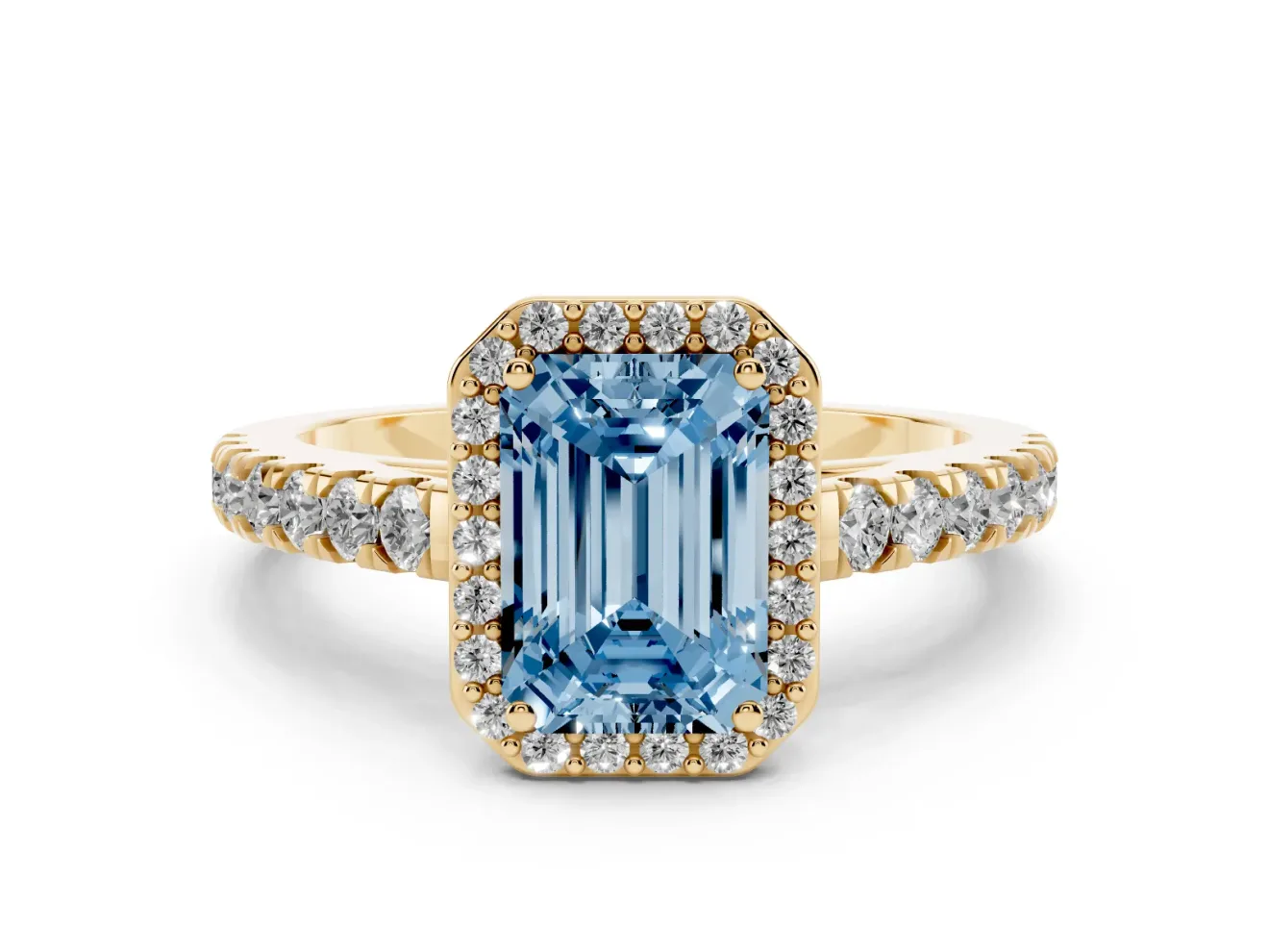 Emerald Cut Halo Pavé Engagement Ring Setting for a Fancy Blue Lab-Grown Diamond | Yellow Gold