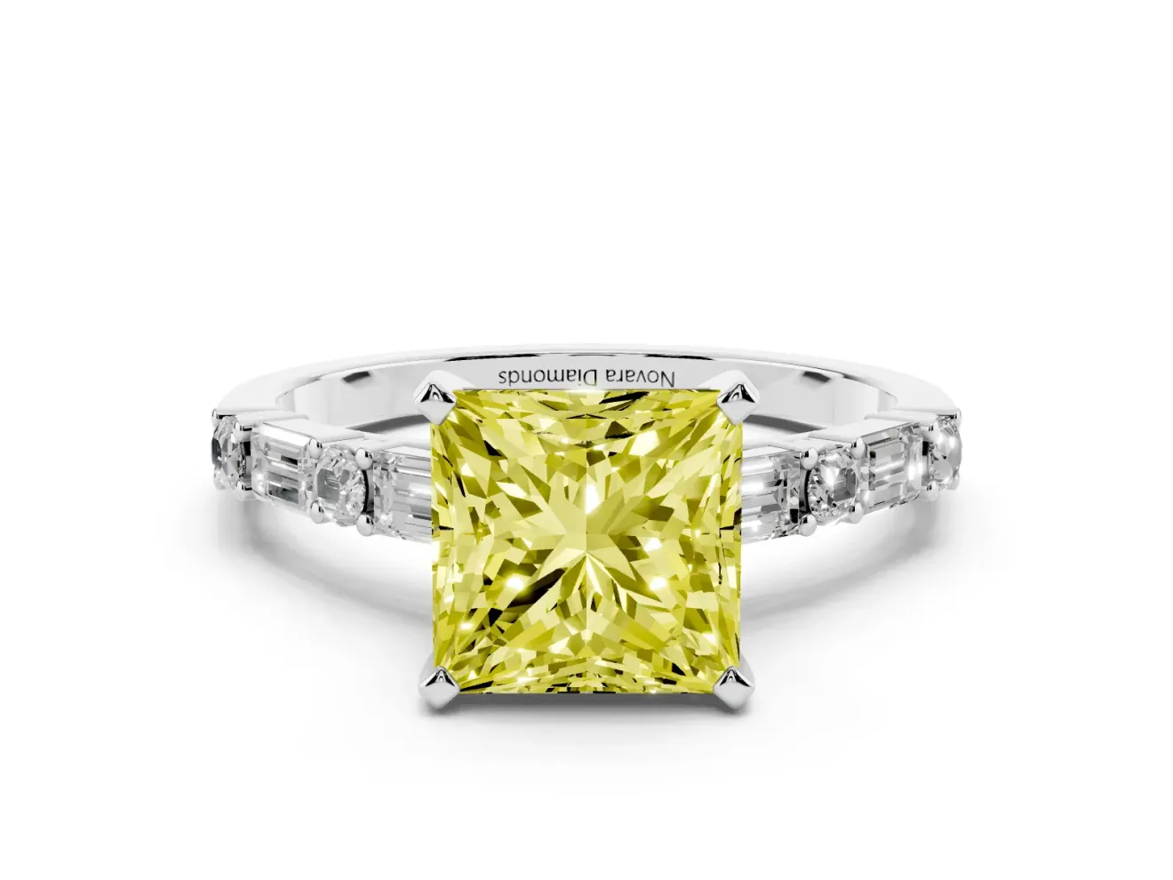 Fancy Yellow Princess Cut Diamond Solitaire Set in Silver with Side Baguettes and Channel Set Band