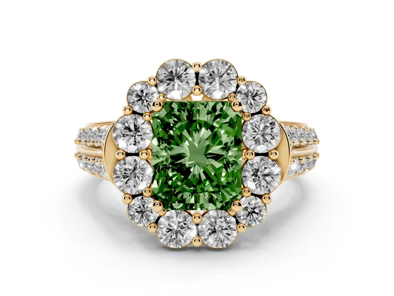 Fancy Green Radiant Cut Diamond Halo Engagement Ring Set in Yellow gold with Split Shank and Prong Setting