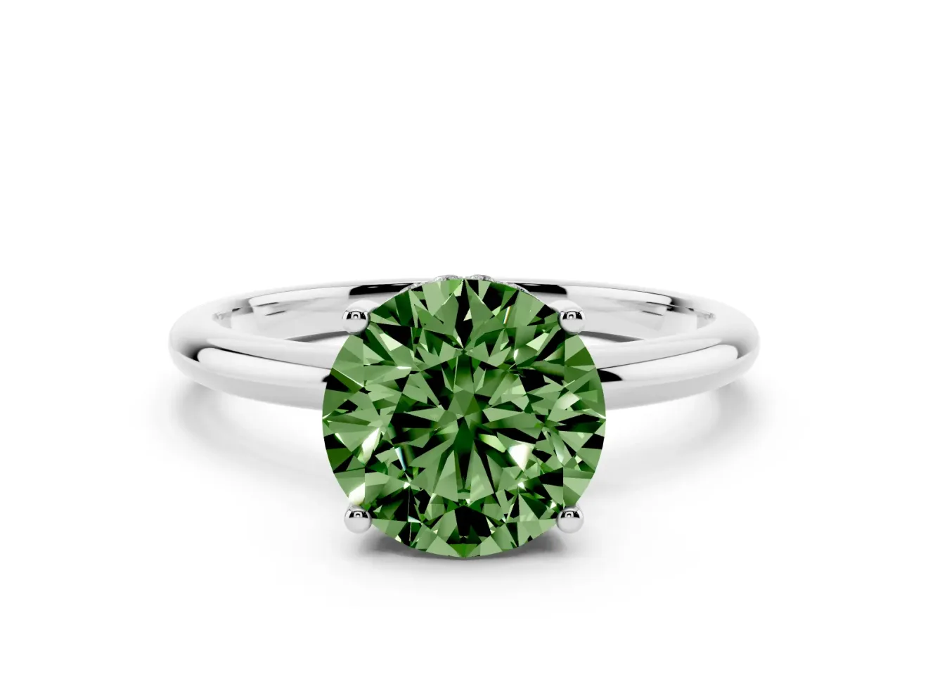 Fancy Green Round Cut Diamond Solitaire Engagement Ring Set in Platinum with Prong Setting and Polished Band