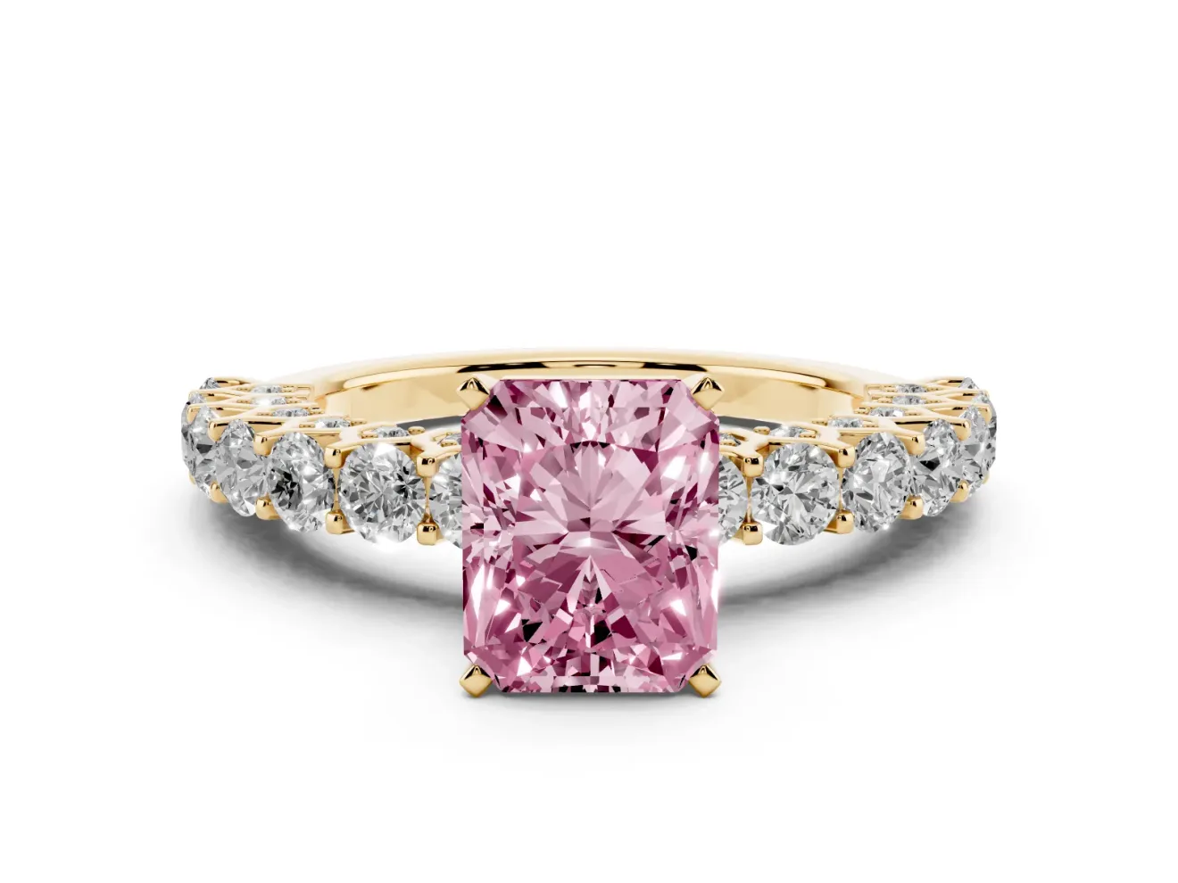 Radiant Cut Shared Prong Engagement Ring Setting for a Fancy Pink Lab-Grown Diamond | Yellow Gold