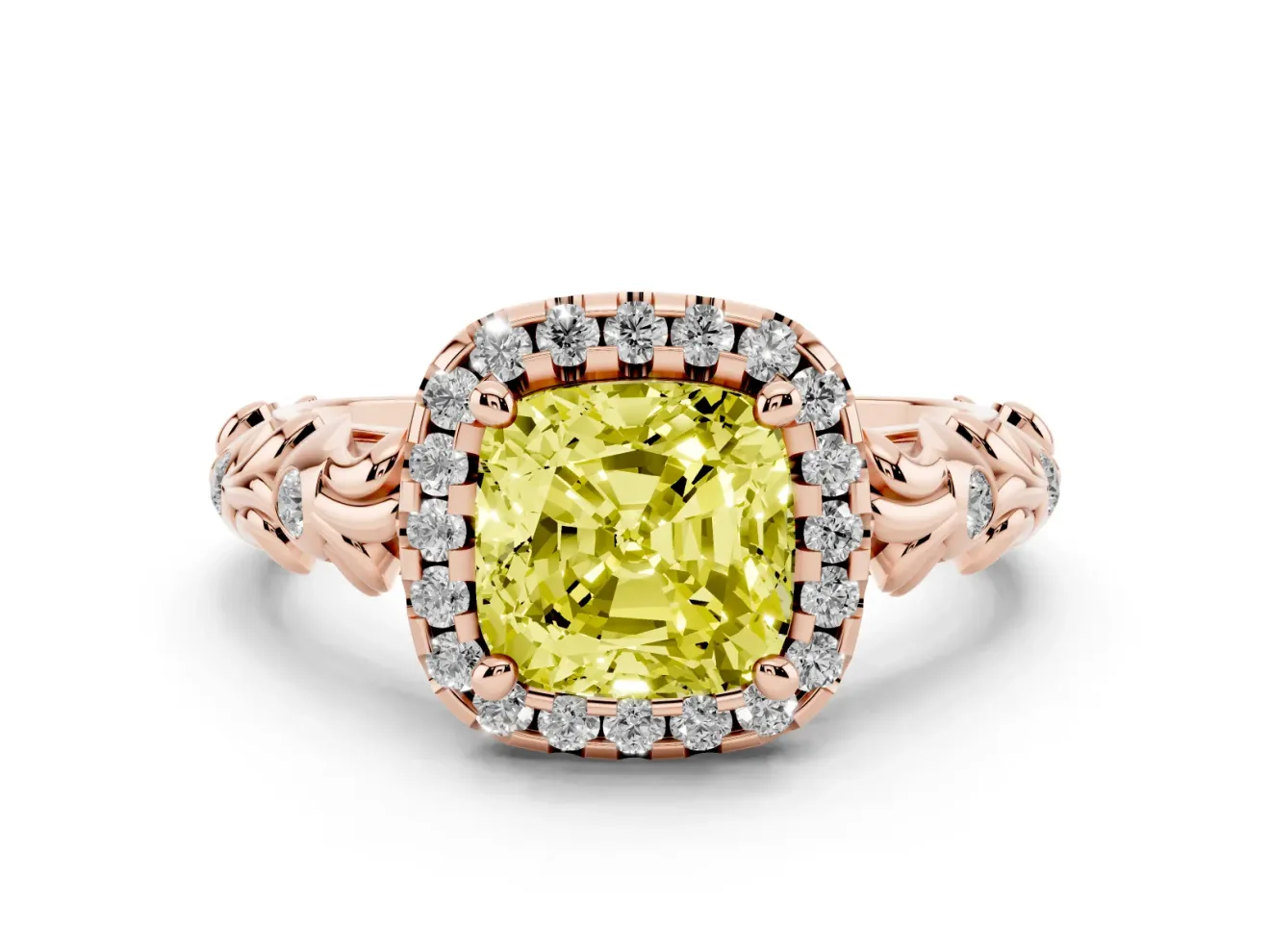Cushion Cut Leaf Halo Engagement Ring Setting for a Fancy Yellow Lab-Grown Diamond | Bezel Accents | Rose Gold