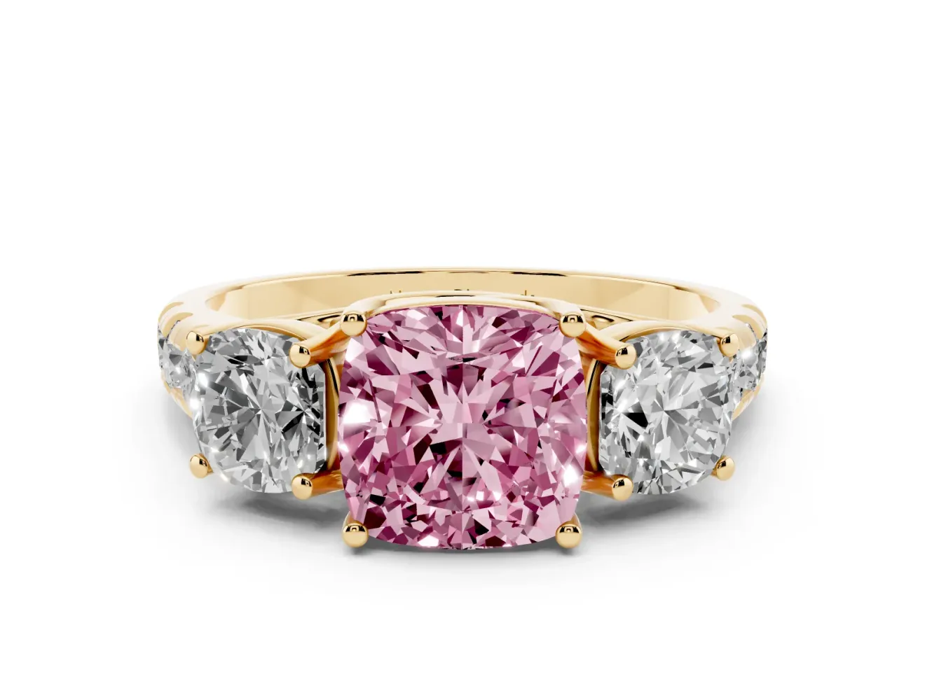 Fancy Pink Cushion Cut Diamond Three-Stone Ring Set in Yellow gold with Pavé Band