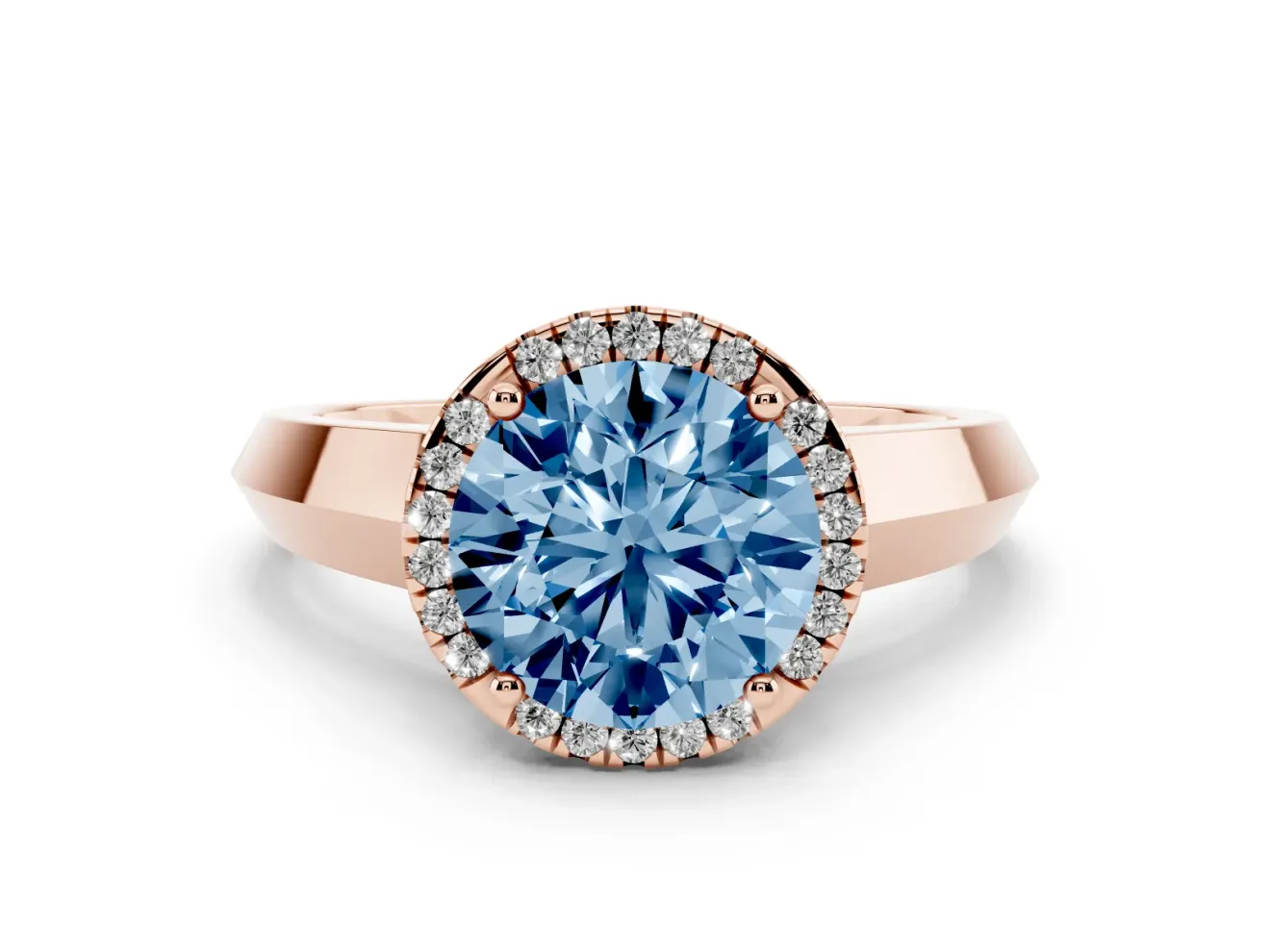 Round Halo Engagement Ring Setting for a Fancy Blue Lab-Grown Diamond | Knife-Edge Band | Rose Gold