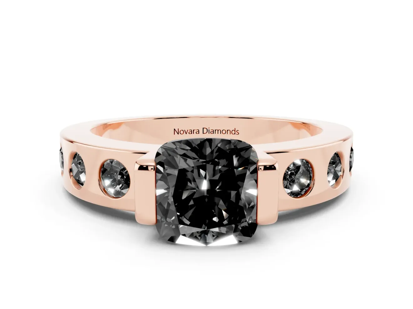 Fancy Black Cushion Cut Diamond Channel-Set Band Ring Set in Rose gold with Bezel Prong Setting