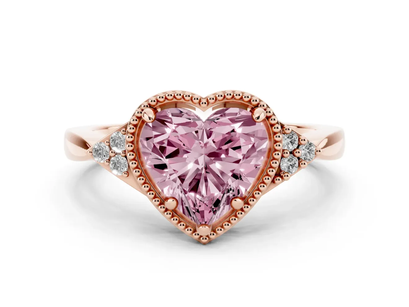 Fancy Pink Heart Cut Diamond Milgrain Solitaire Ring Set in Rose gold with Tapered Pavé Band and Prong Setting