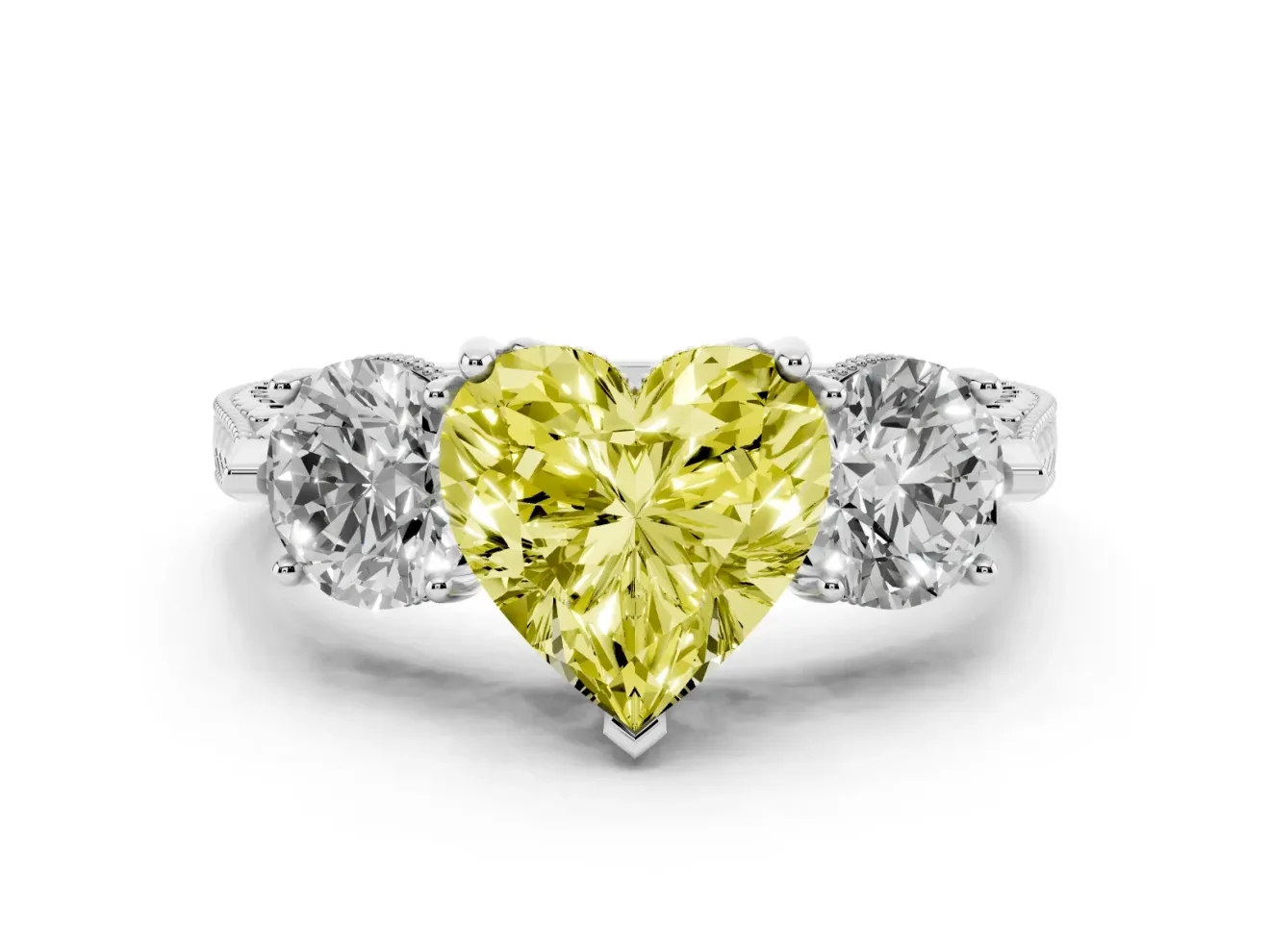 Fancy Yellow Heart Cut Diamond Three-Stone Ring Set in Silver with Milgrain Band