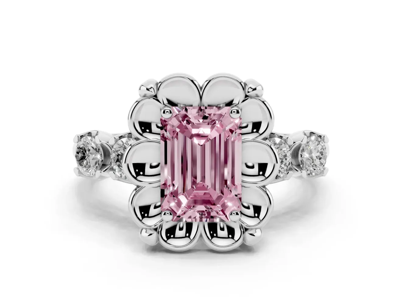 Emerald Cut Floral Engagement Ring Setting for a Fancy Pink Lab-Grown Diamond | Petal Frame and Side Stones | Platinum