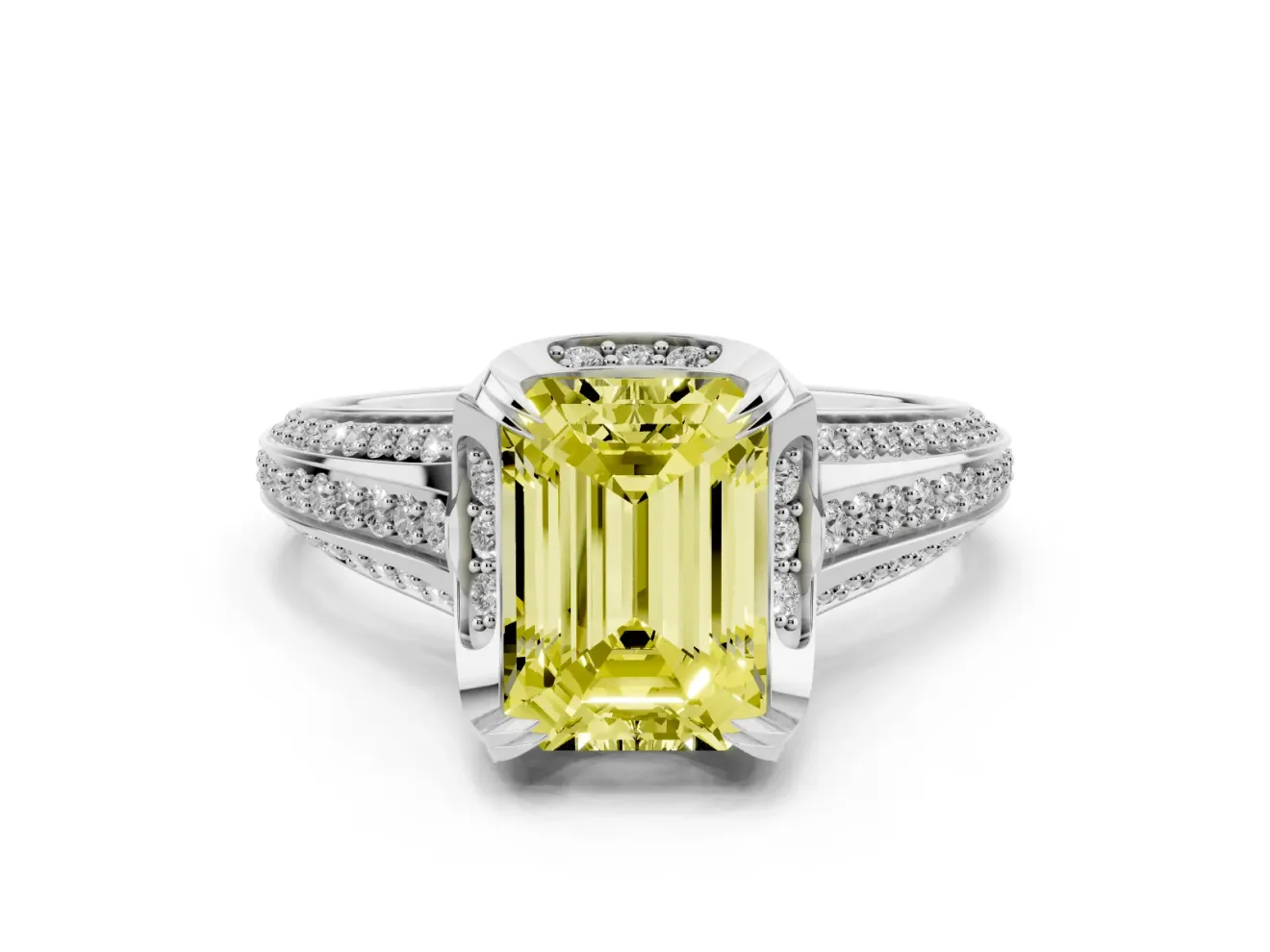 Fancy Yellow Emerald Cut Diamond Pavé Split Shank Solitaire Ring Set in Platinum with Prong Setting