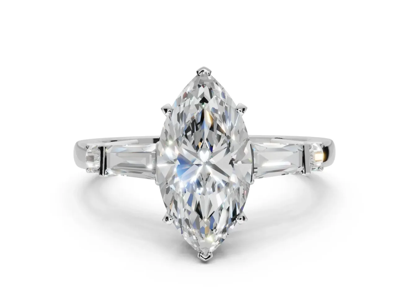 Marquise Tapered Baguette Engagement Ring Setting | Bar Set Sides | White Gold