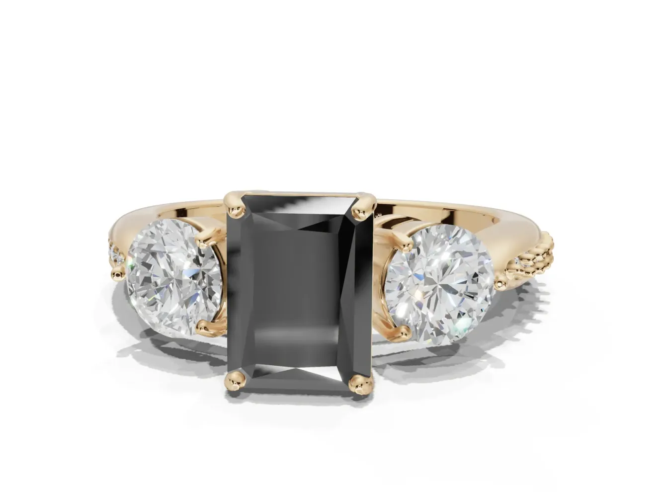 Radiant Cut Three Stone Engagement Ring Setting for a Black Center | Tapered Pavé Band | Yellow Gold
