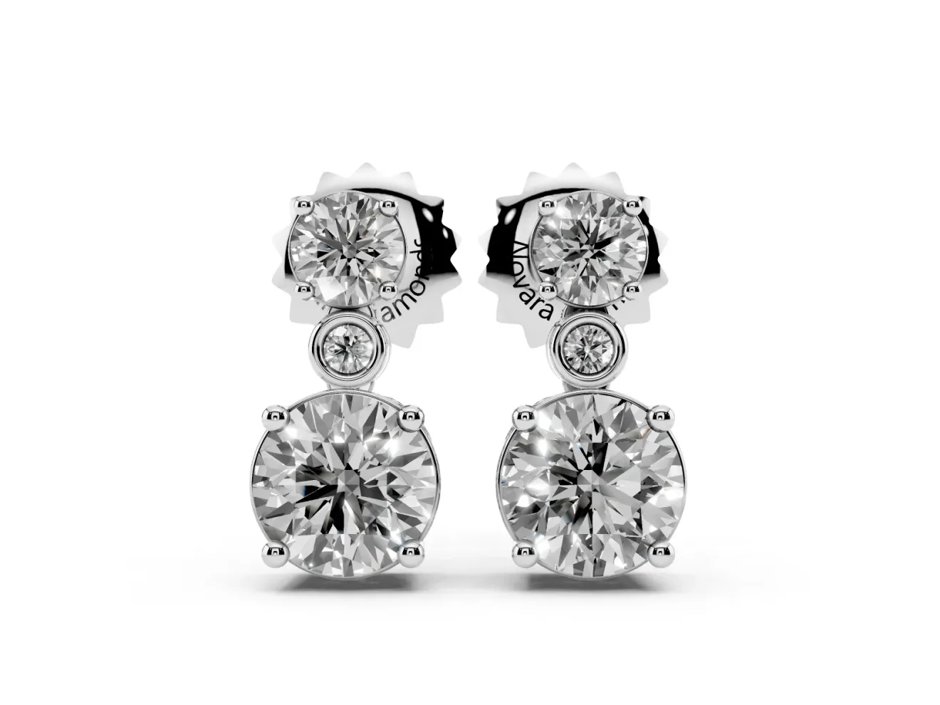 Round Lab-Grown Diamond Two Stone Drop Earrings | Bezel Accent Link | Platinum