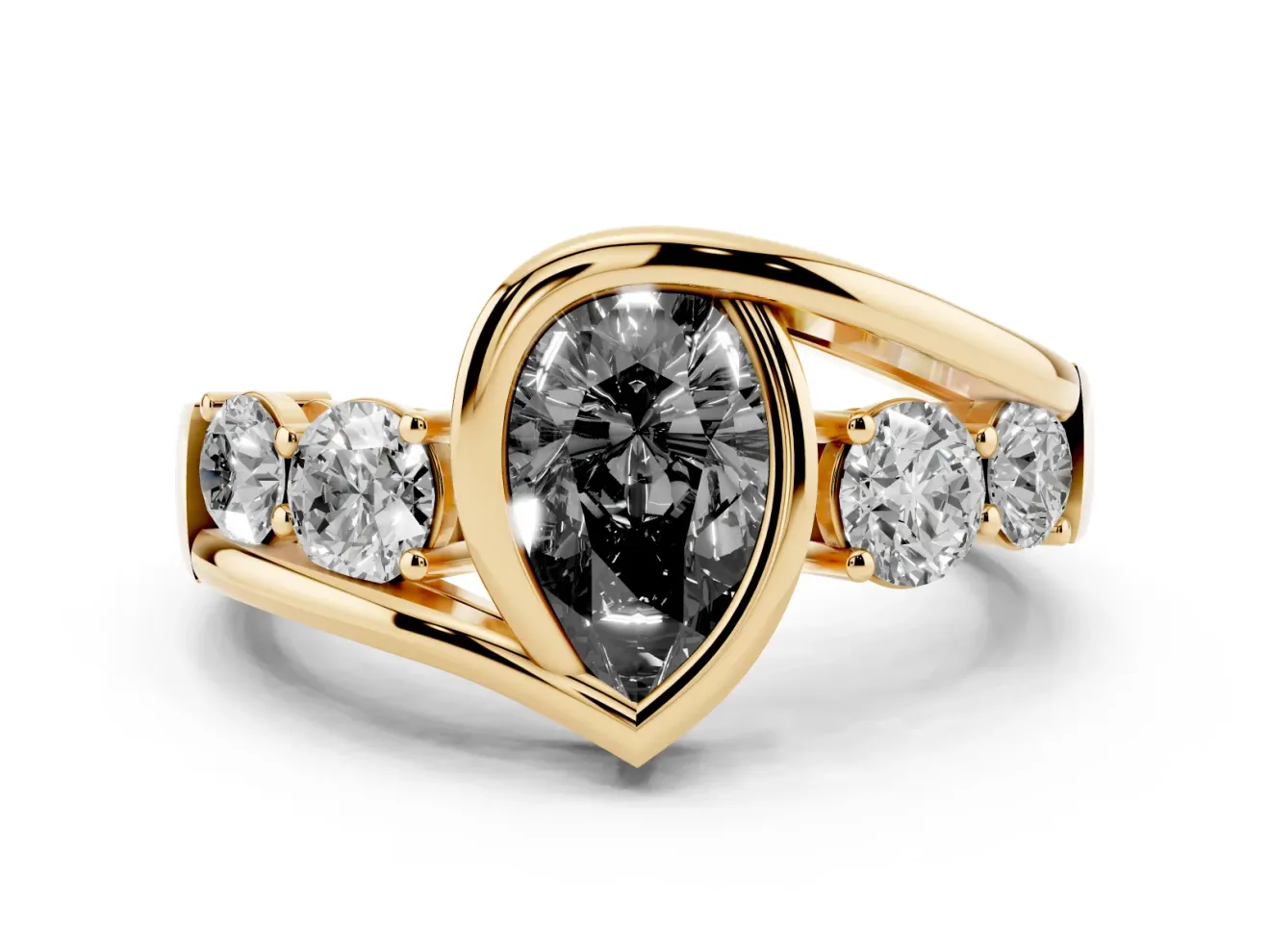 Fancy Black Pear Cut Diamond Bezel Bypass Ring Set in Yellow gold with Round Accents