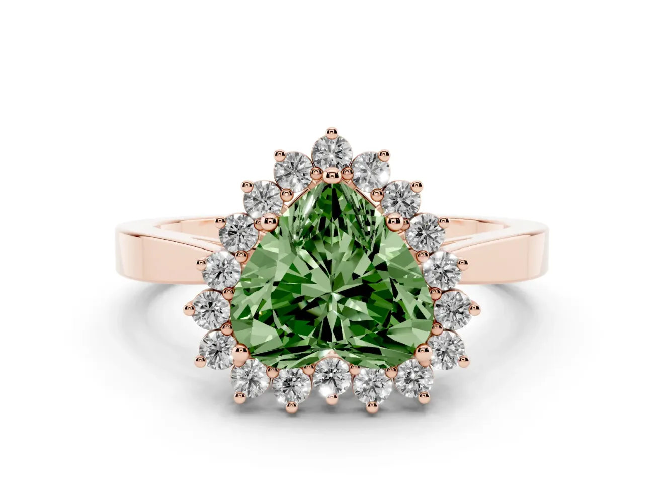 Fancy Green Heart Cut Diamond Halo Ring Set in Rose gold with Round Halo and Smooth Solitaire Band