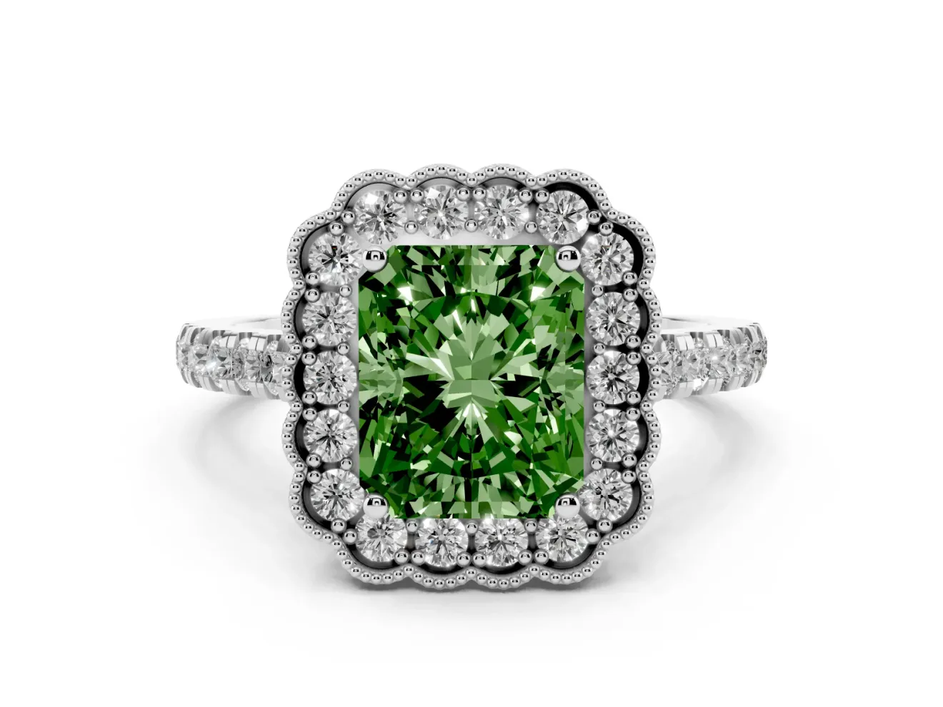 Fancy Green Radiant Cut Diamond Milgrain Floral Halo Engagement Ring Set in Platinum with Pavé Band