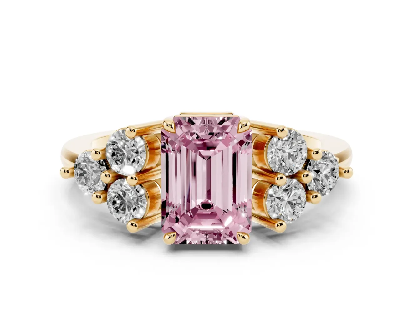 Fancy Pink Emerald Cut Diamond Solitaire Ring Set in Yellow gold with Cluster Accents on Each Side