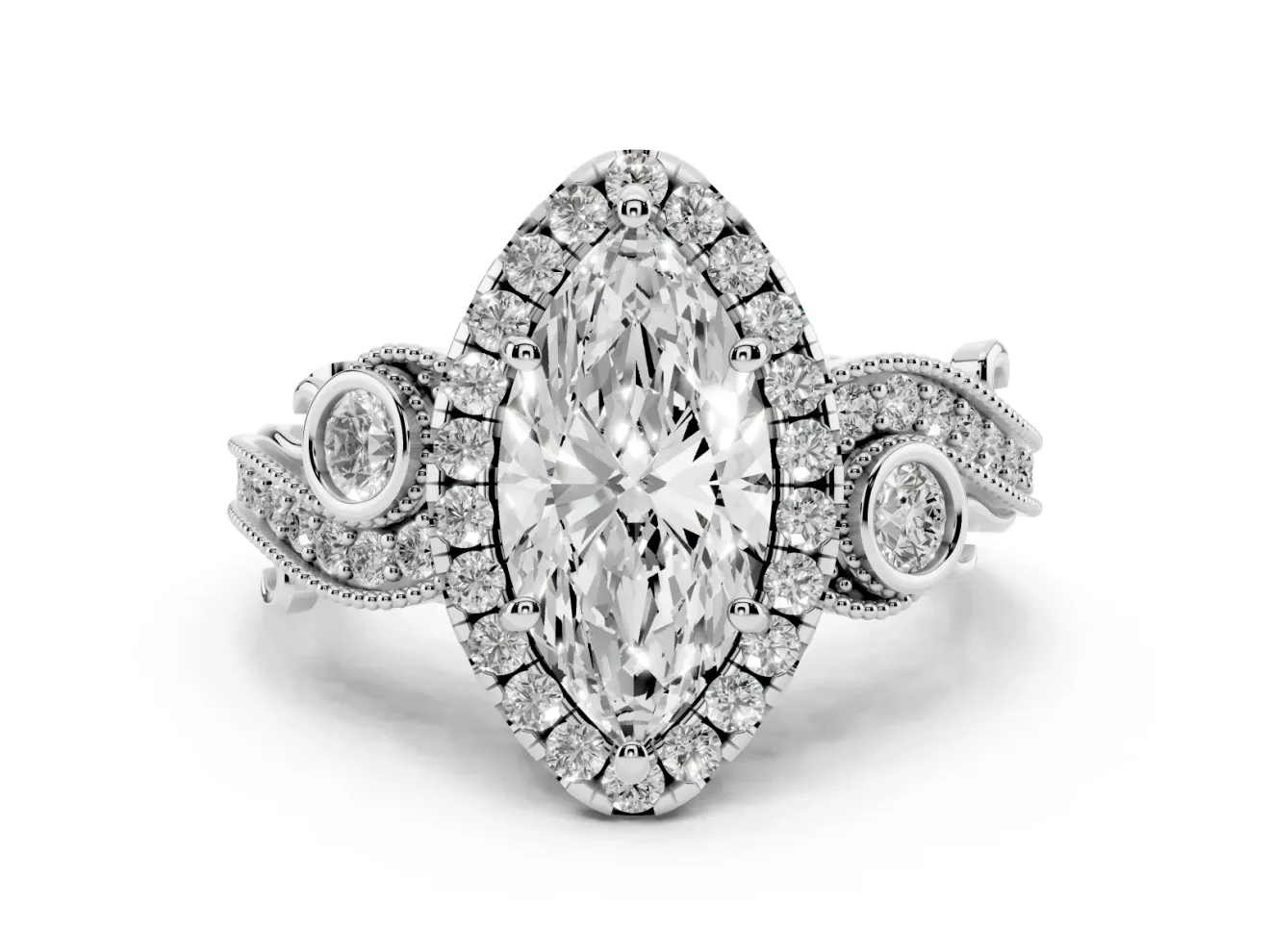 Marquise Cut Diamond Halo Ring Set in Platinum with Milgrain Pavé Band and Prong Setting