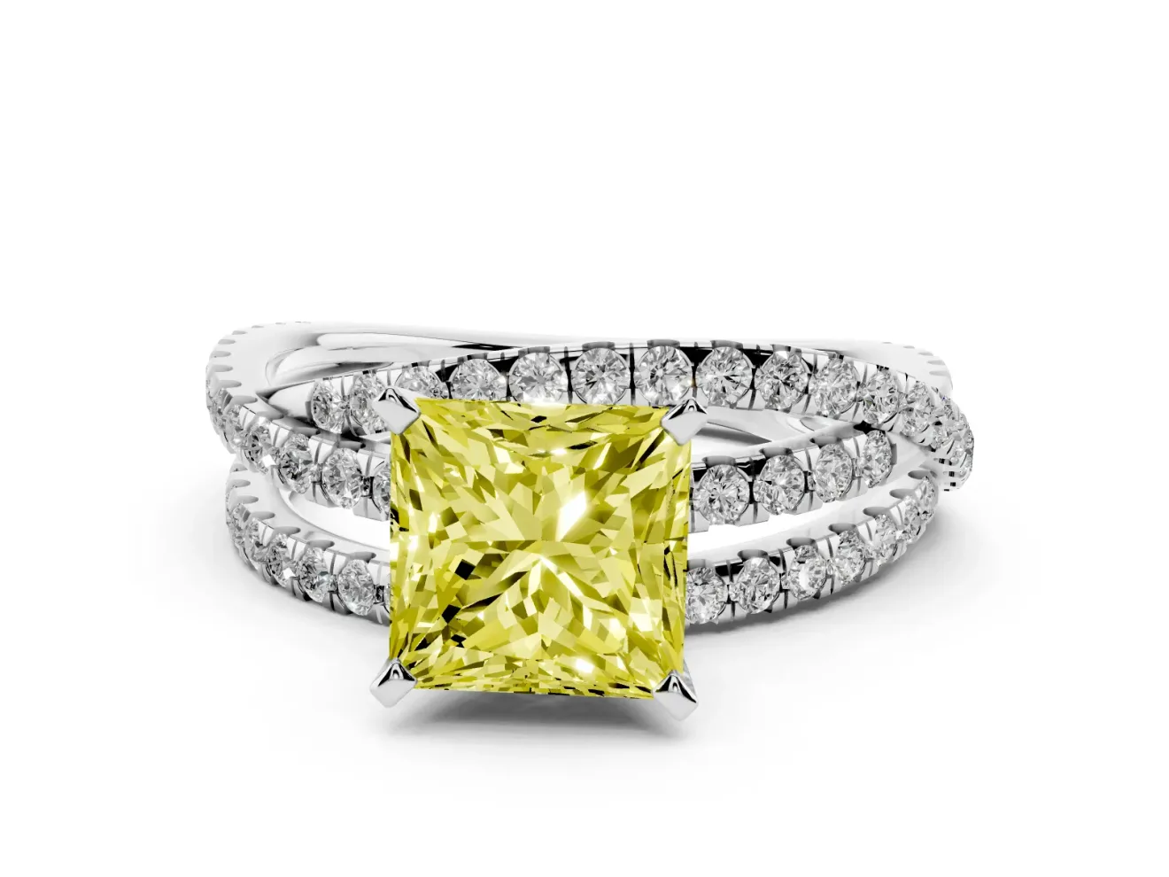 Fancy Yellow Princess Cut Diamond Solitaire Twist Band Ring Set in Platinum with Pavé Setting and Prong Head