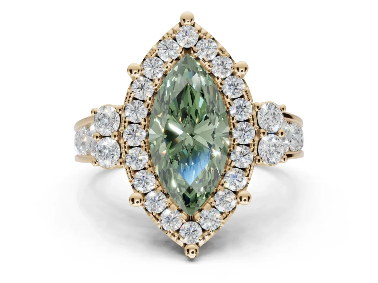 Marquise Halo Engagement Ring Setting for a Fancy Green Lab-Grown Diamond | Graduated Channel Band | Yellow Gold