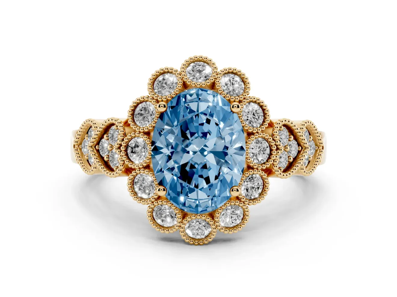 Oval Scalloped Halo Engagement Ring Setting for a Fancy Blue Lab-Grown Diamond | Heart Pavé Band | Yellow Gold