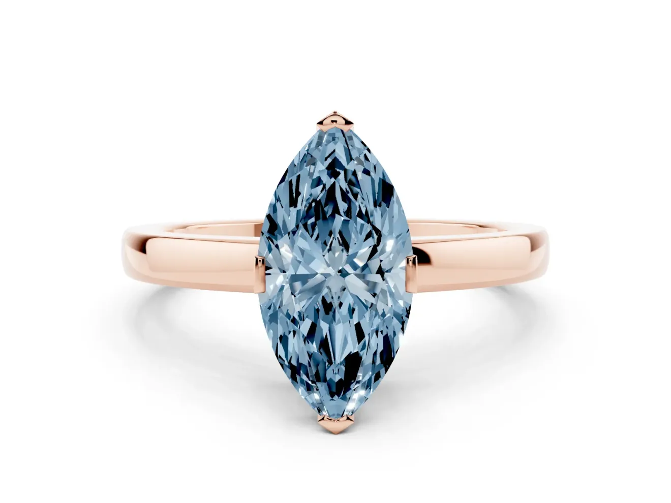Fancy Blue Marquise Cut Diamond Solitaire Ring Set in Rose gold with Prong Head and Smooth Polished Band