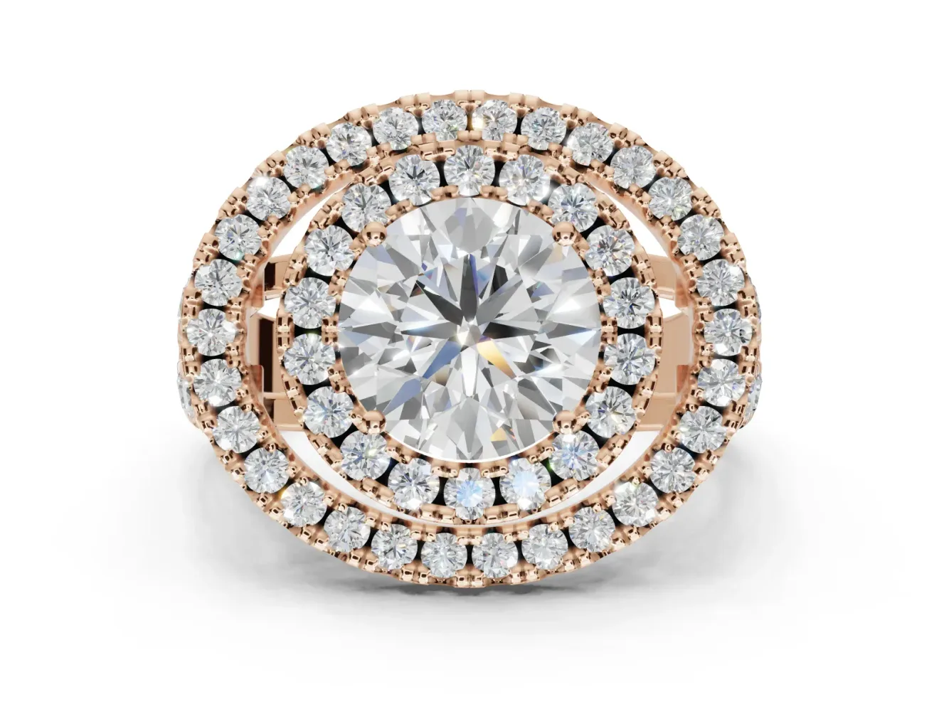 Round Double Halo Split Shank Engagement Ring Setting | Multi-Row Pavé | Rose Gold