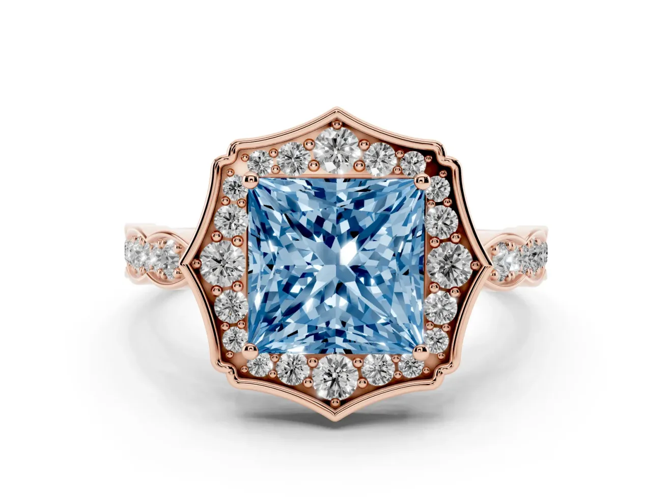 Princess Cut Vintage Scalloped Halo Engagement Ring Setting for a Fancy Blue Lab-Grown Diamond | Pave Band | Rose Gold