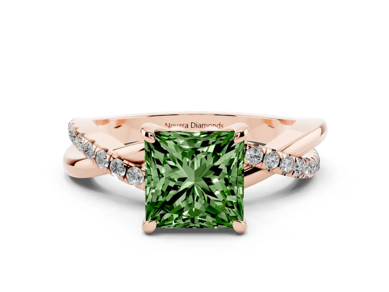 Fancy Green Princess Cut Diamond Twist Band Solitaire Set in Rose gold with Pavé Accents and Prong Setting