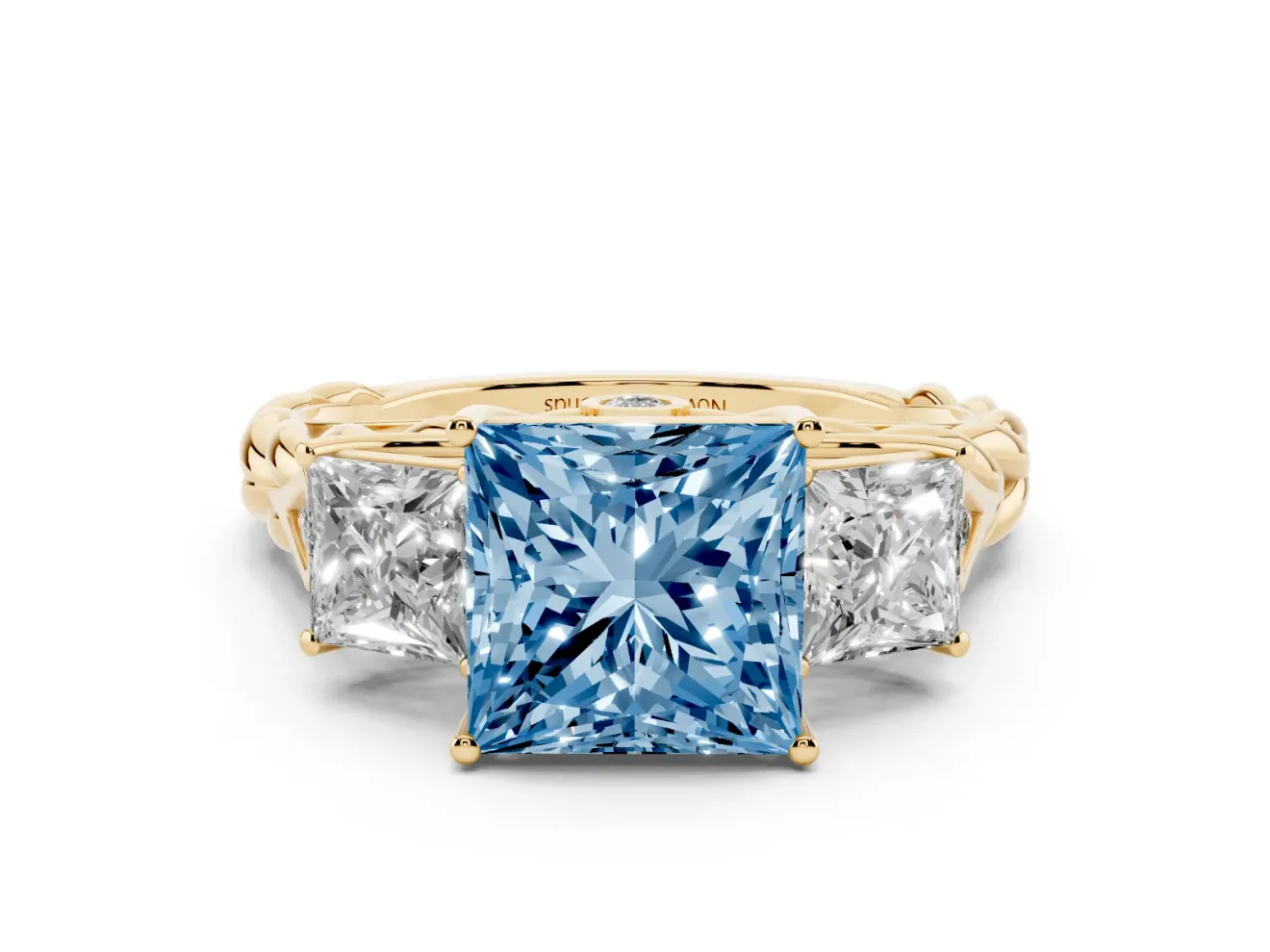 Fancy Blue Princess Cut Diamond Three-Stone Ring Set in Yellow gold with Braided Band