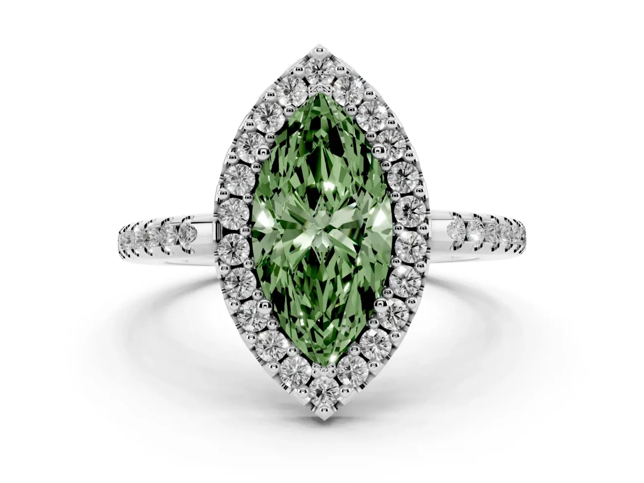 Marquise Pave Halo Engagement Ring Setting for a Fancy Green Lab-Grown Diamond | Pave Band | Platinum